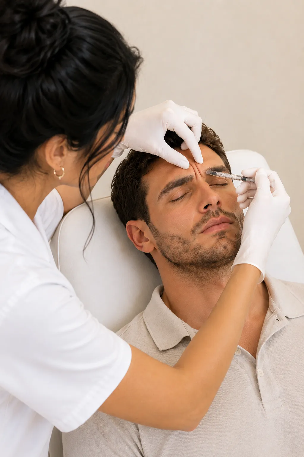 Nærbillede af en botox-injektion i panden på en mandlig patient