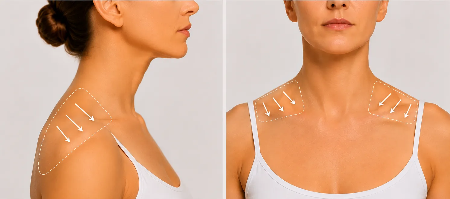 Skulderparti med markerede trapezius-behandlingsområder