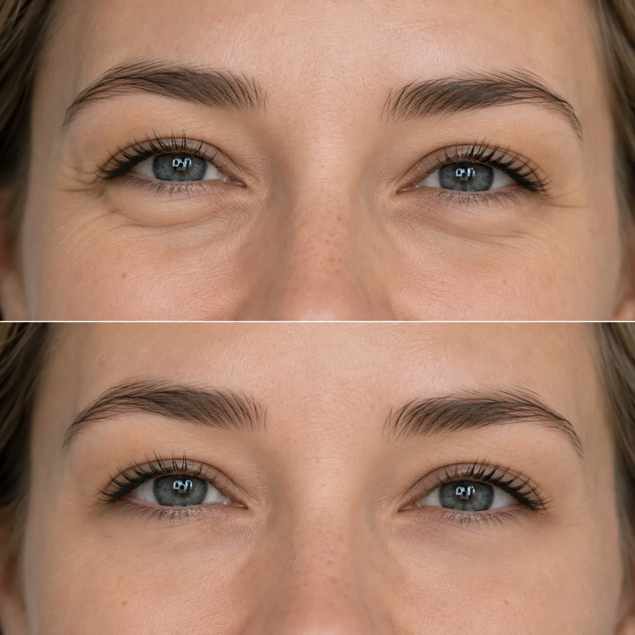 Området under øjnene før og efter Botox mod jelly rolls