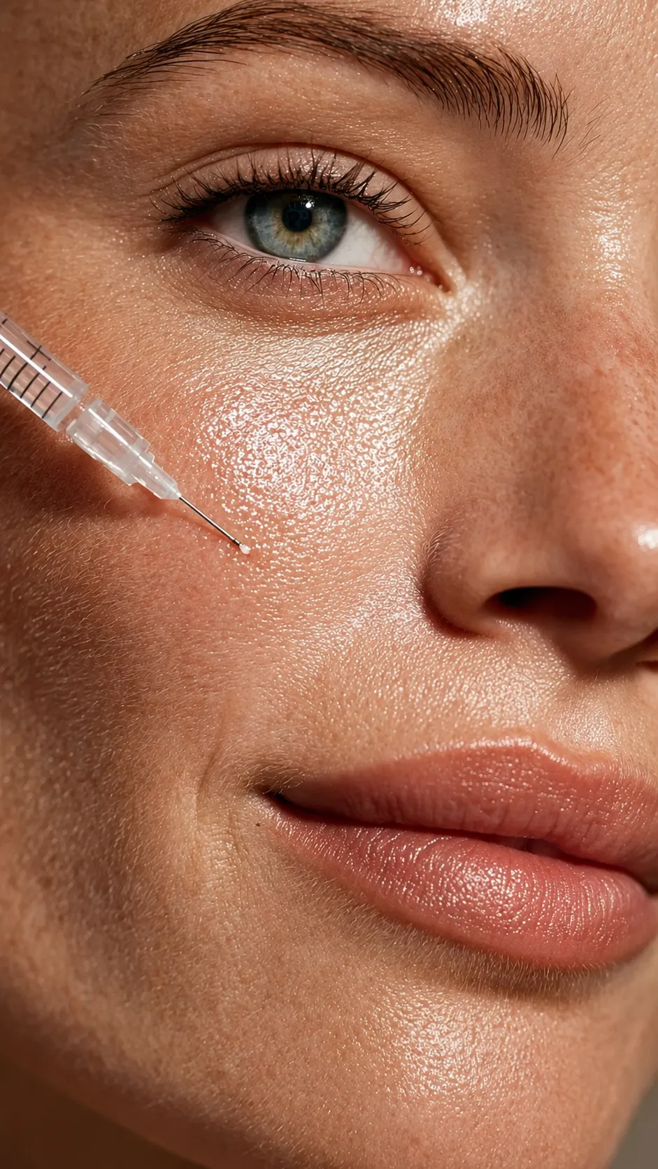 Nærbillede af en skinbooster-injektion i kinden — huden fremstår fugtet og med naturlig glød